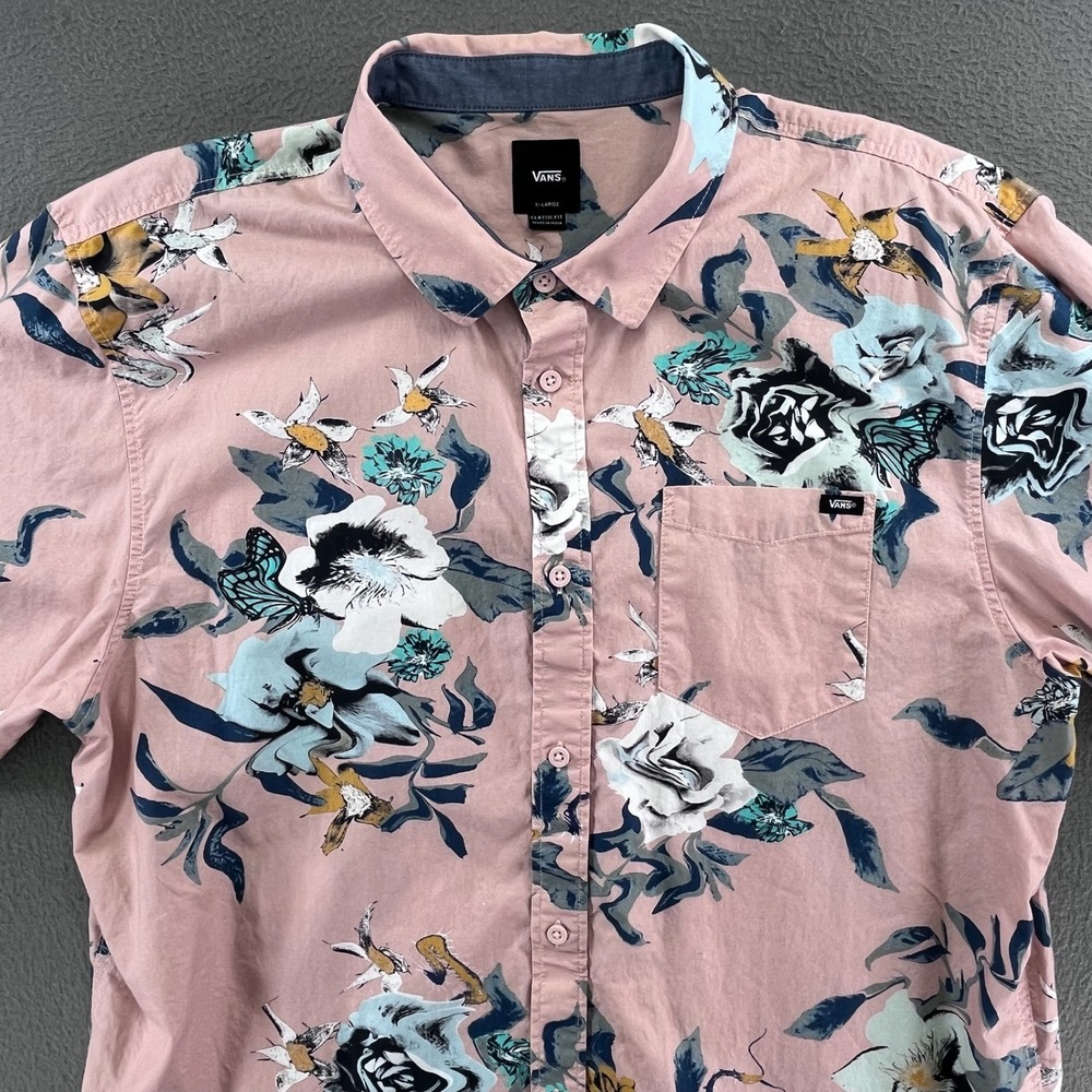 Vans Men Shirt 100% Cotton XL Pink Floral Butterfly Tropical Skate VN0007W1BQL